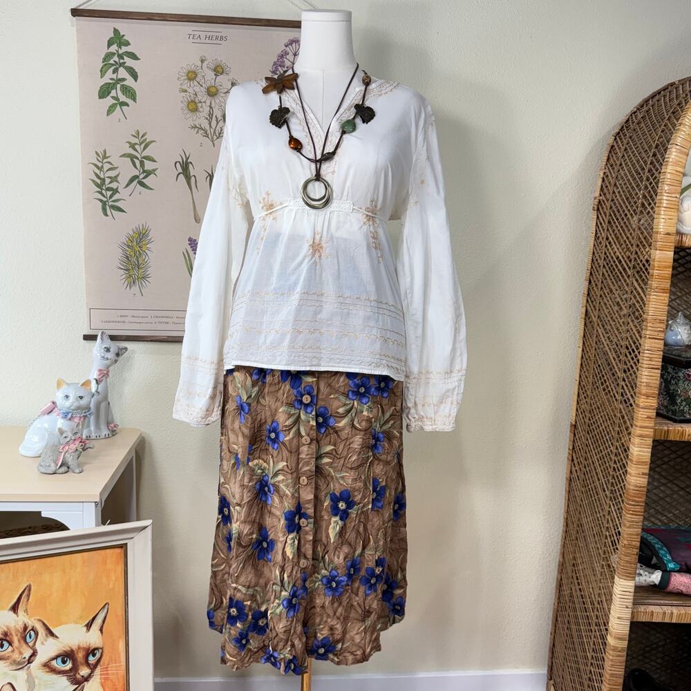 Vintage Floral Button Front Maxi Skirt Forest Fairy Grunge Cottage Tropical M